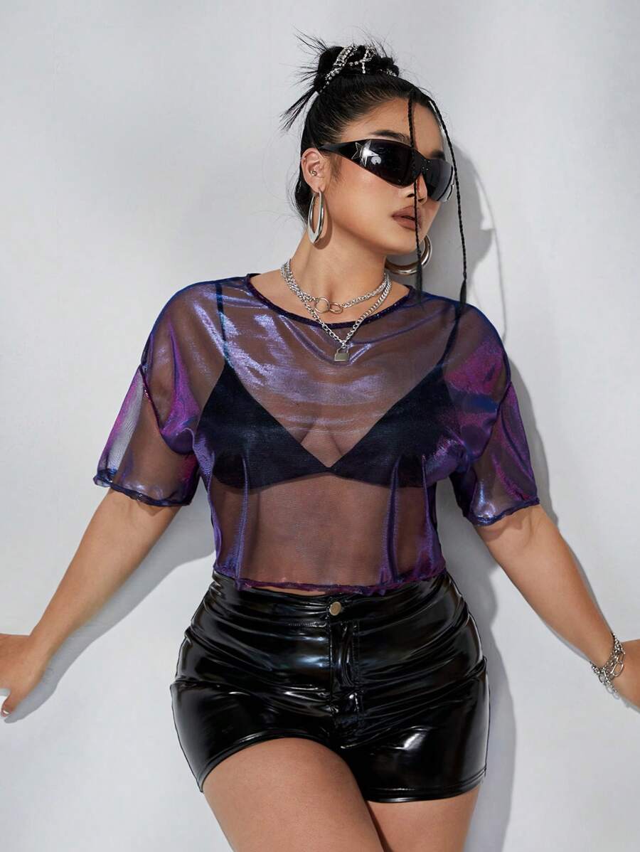 SHEIN ICON 大尺碼短款透明網眼寬鬆上衣 - 彩色 - 查看 1