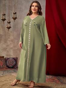 Al Najma 大码女式长袖拼布编织束带连衣裙，适合圣诞节超长女装 - 綠色 - 查看 4