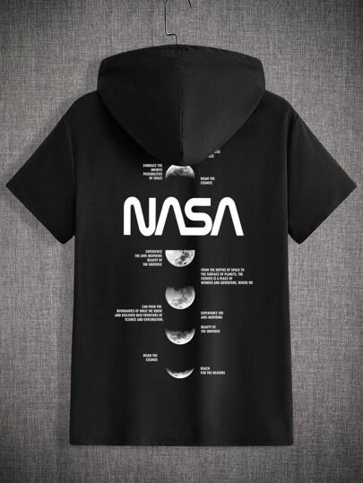 Manfinity Hypemode メンズ半袖tシャツ パーカー付き スローガンプリント 黒色