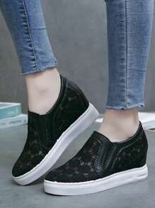 女士楔形高跟厚底運動鞋,鞋帶透氣休閒鞋,隱形增高運動鞋 - 黑色 - 查看 1