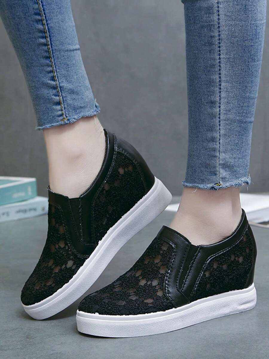 女士楔形高跟厚底運動鞋,鞋帶透氣休閒鞋,隱形增高運動鞋 - 黑色 - 查看 1