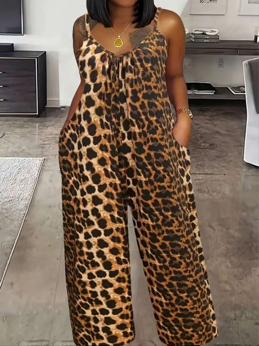 SHEIN Plus Size Leopard Print Sleeveless Jumpsuit - Multicolor - View 1