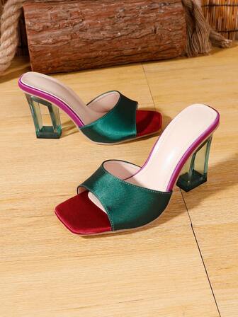 Women's Square Toe Transparent Hollow Out Crystal Patchwork High Heeled Sandals