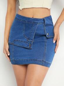 Denimoi Asymmetric Overlay Mini Bodycon Denim Skirt - Medium Wash - View 3