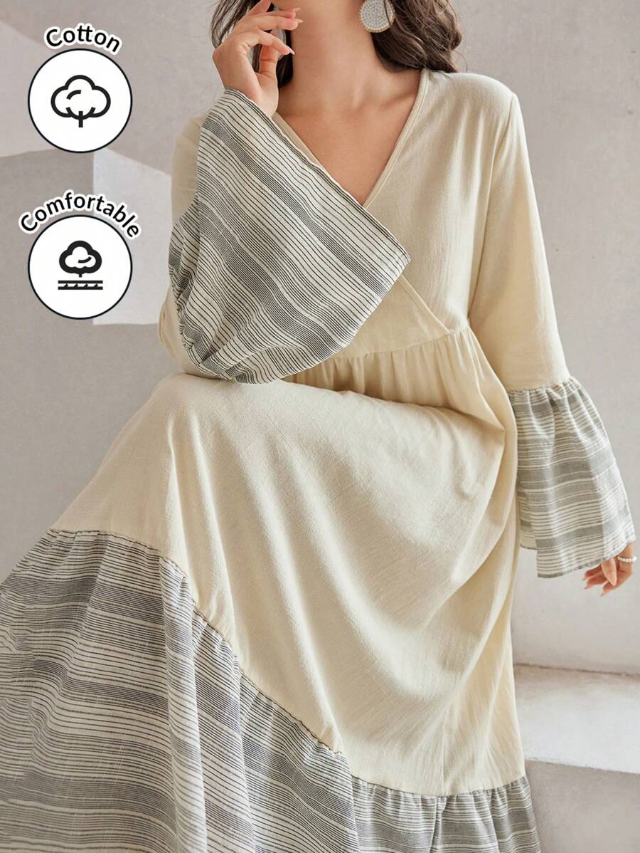 Al Najma Patchwork Striped V-Neck Flare Sleeve Dress - Apricot - View 1