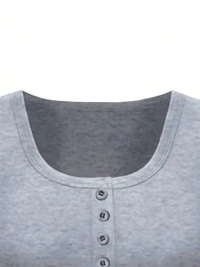 INAWLY Women's Solid Color Button Half Placket Short Sleeve T-Shirt - Grey - View 3