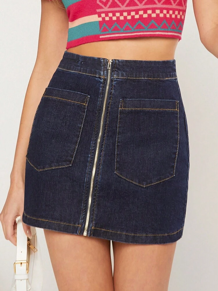 Zip Front Patch Pocket Denim Skirt