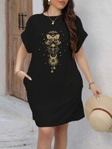 INAWLY Plus Size Butterfly Printed Batwing Sleeve Dress, For Summer - Black - View 3