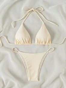 Swim Mod 2026 春夏女款度假特製面料細肩帶掛脖杏色性感丁字褲兩件式比基尼泳衣套裝 - 杏色 - 查看 4