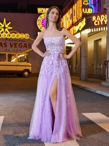 Women's Floral Applique High Slit Mesh Bustier Evening Gown - Lilac Purple - View 9