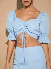 L'Amorae Top corto con mangas abullonadas, plisado y cordón frontal - Celeste - Ver 4