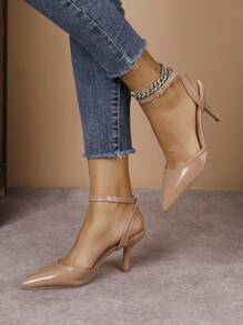 纯色优雅尖头细高跟女鞋，时尚露背高跟凉鞋