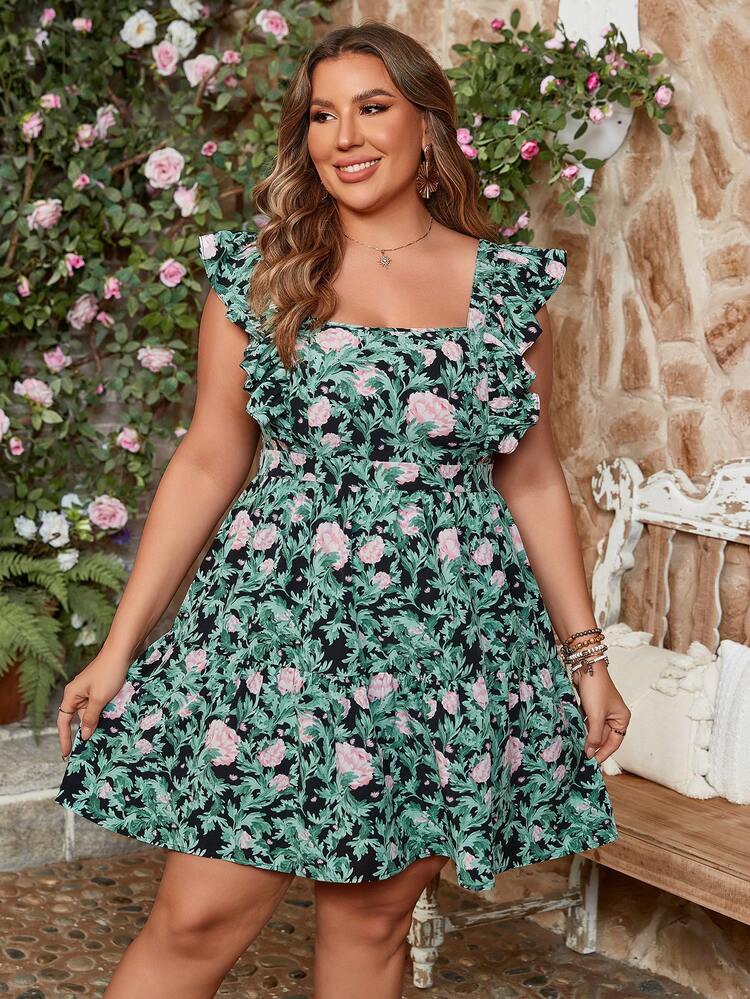 Plus Size Holiday Square Neck Ruffle Hem Flutter Sleeve Butterfly Back Belted Sweet Dress