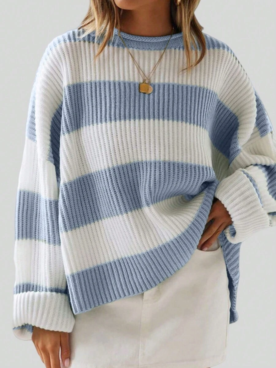 Women Contrast Color Stripe Batwing Loose Sweater,Three Quarter Sleeve Tops - Blue - View 1