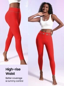 SHEIN Solid Color High Waist Sports Leggings - Red - View 8