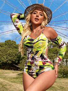 Swim EVENT Open Shoulder Ruffle Hollow Out One Piece Swimsuit Summer - Multicolor - View 3