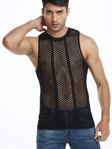 Áo len dệt kim không tay khoét rỗng gợi cảm cho nam - màu đen - Xem 5