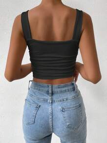 Calvaya Solid Color Square Neck Slim Fit Pleated Tank Top