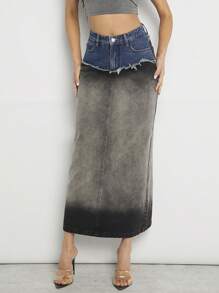Denimoi Fashion Colorblock Ombre Frayed Denim Skirt - Black - View 4