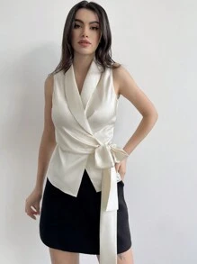 Firerie Camisa elegante con cuello en pico y cinturón anudable, ropa de oficina para dama - Caqui - Ver 4