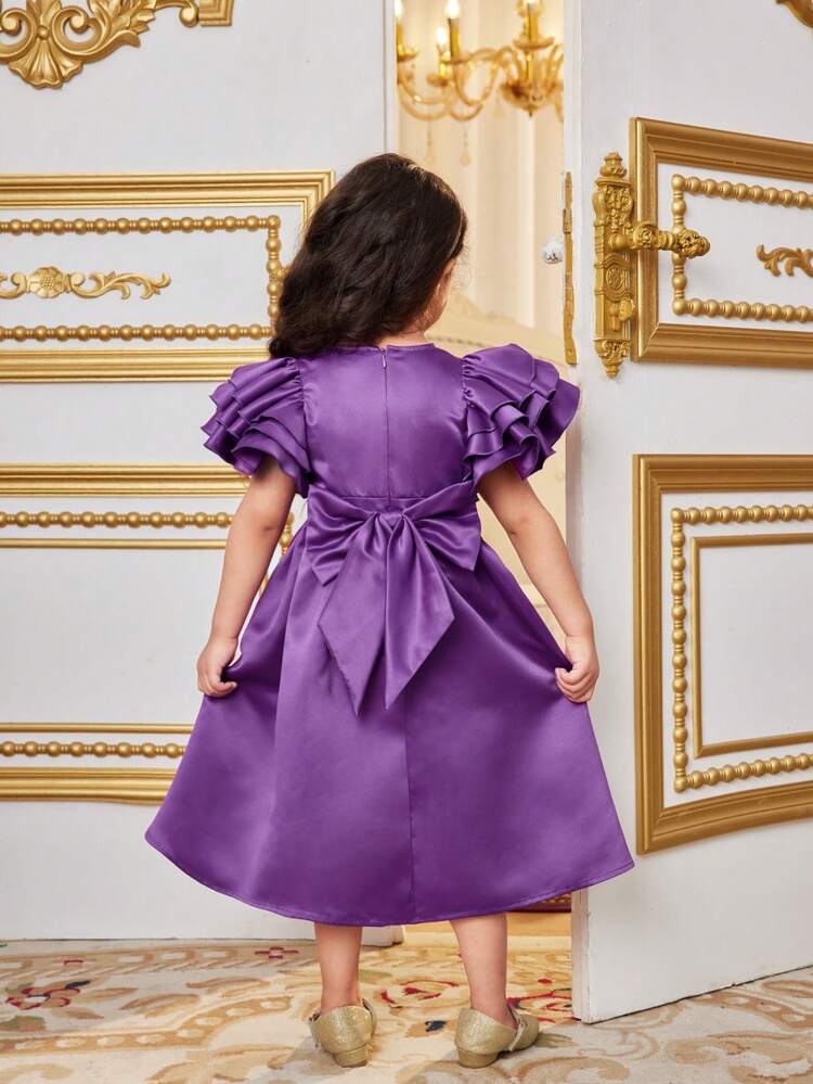 Young Girl Cute Round Neck Multi-Layer Ruffle Sleeve Midi Dress With Splicing & Contrasting Floral Print