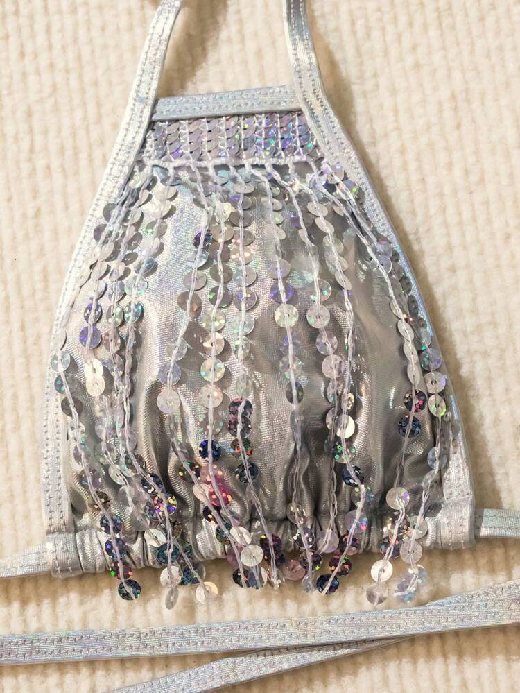 Women's Metallic Fabric Sparkling Fringed Halter Bikini Set Summer