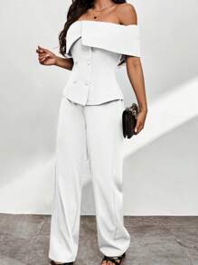 Firerie Women's Foldover Off Shoulder Double-Breasted Top And Long Pants Two Pieces Set