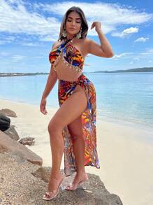 SHEIN SXY Mùa hè Kỳ nghỉ bờ biển Bộ In hoa Báo In Động vật Viền tua lột vỏ Cái nĩa cao - Nhiều màu - Xem 4