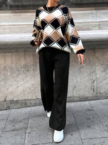 Cloudara Argyle Pattern Drop Shoulder Sweater & Knit Pants - Black - View 5