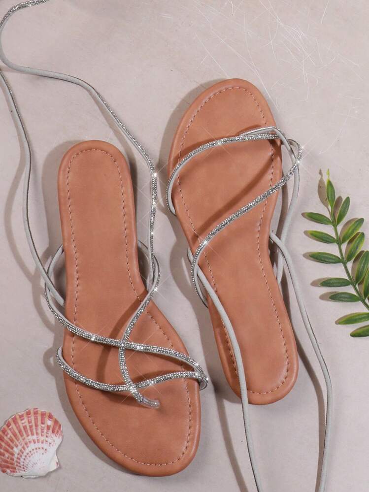 SHUZIA Women's Fashionable Flat Sandals With Rhinestone Decoration Summer Shoes Spring Shoes Spring Break Easter Vacation Shoes Casual Shoes Beach Shoes Mother's Day Present For Christmas Valentine's Day - Silver - View 2