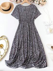 SHEIN LUNE Váy xếp ly cổ chữ V in hoa mùa hè cỡ lớn - màu đen - Xem 2