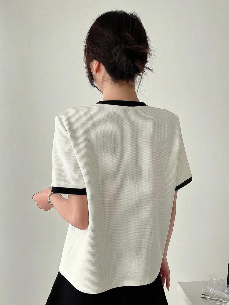 Dazy Designer 圆领拼色T恤，设计感十足，夏季 - 白色 - 查看 5