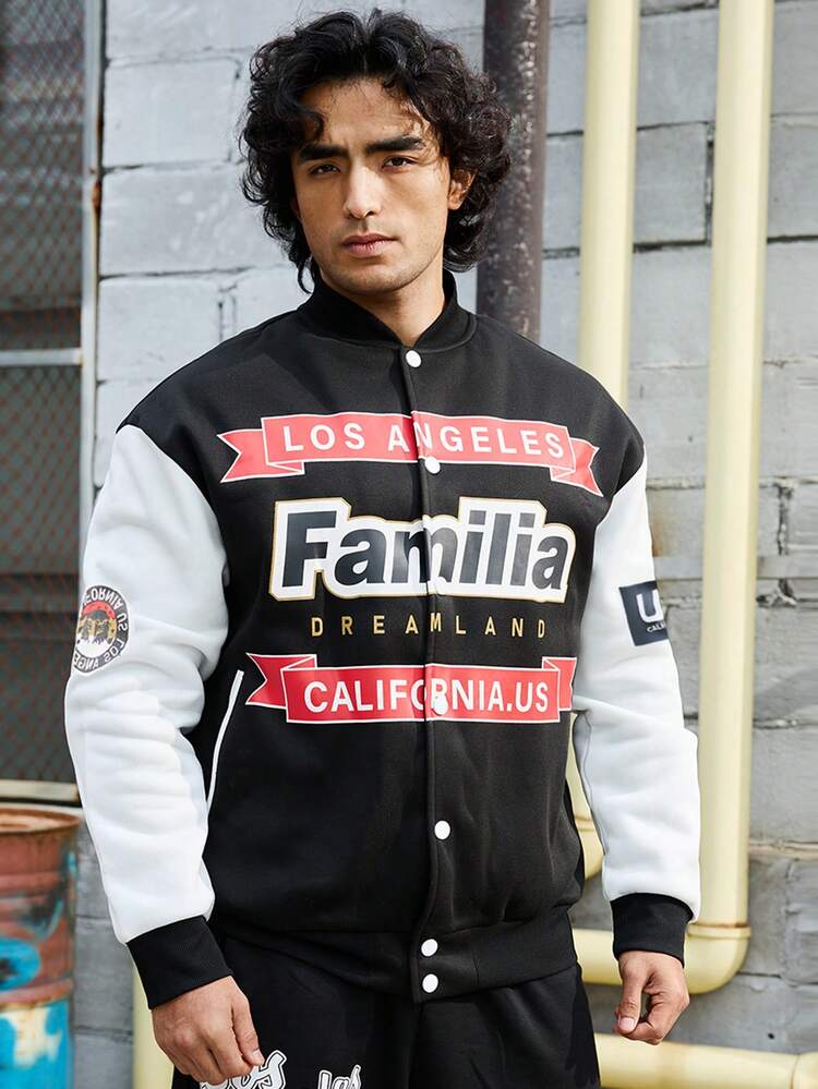 Men's Color Block Letter Print Zipper Jacket For Sports Workout Tops