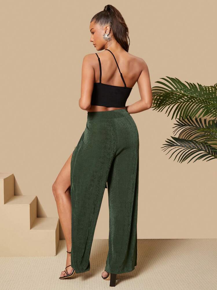 Solid Color Front Tie High Slit Wide Leg Pants