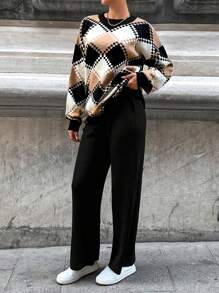 Cloudara Argyle Pattern Drop Shoulder Sweater & Knit Pants - Black - View 4