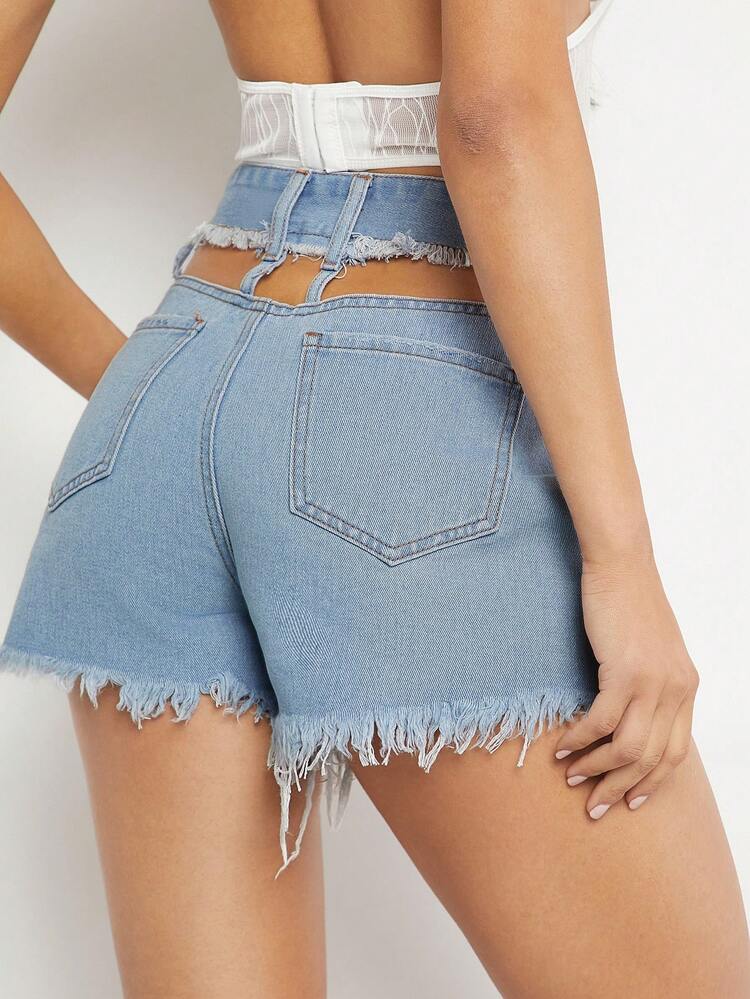 Fashion Button Fly Cut Out Ripped Denim Shorts