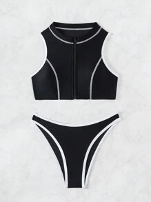Swim SPRTY Bộ bikini có dây kéo phía trước có dây buộc tương phản dành cho nữ - màu đen - Xem 7