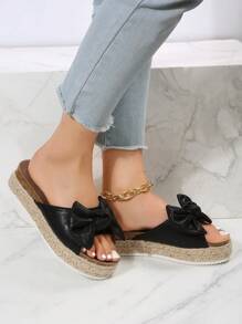 Sandalia Cómoda De Cuña Y Suela Gruesa Con Cuerda Para Mujer - Negro - Ver 3