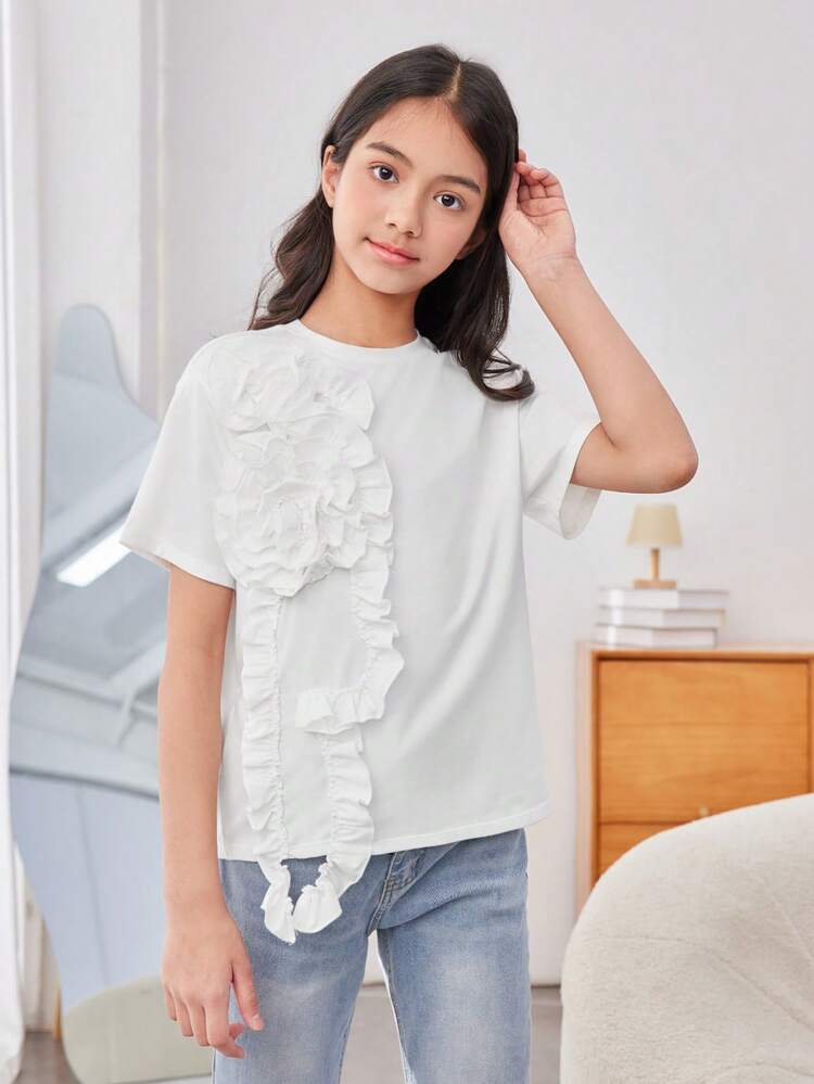 Tween Girl Loose Cute Round Neck 3d Floral Short Sleeve T-Shirt