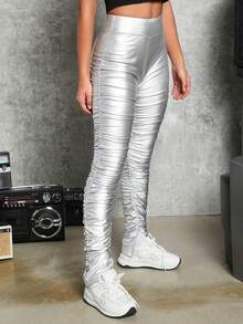 SHEIN 少女彈性PU皮革製褲子，帶有折邊和縫裂裝飾 - 銀色 - 查看 7