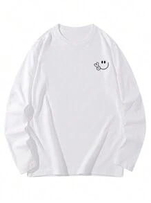 Women Casual Round Neck Smile Face & Letter Print Cotton Long Sleeve T-Shirt, Versatile For Autumn/Winter