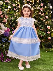 SHEIN Young Girl Sweet And Cute Lace Trim Decorated Patchwork Ruffle Dress For Summer - Blue and White - View 4