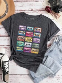 INAWLY Cassette Tape Printed Short Sleeve T-Shirt Graphic Tees Women Tops - Dark Grey - View 3