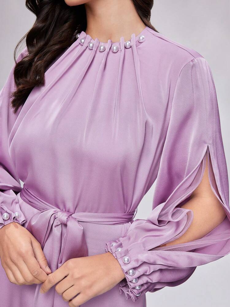 Women's Contrast Mesh Lantern Sleeve Fold Pleated Belted Dress Long Evening Dresses