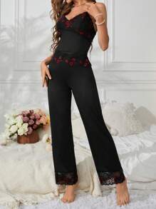 Women's Lips Lace Cami Top And Pants Pajama Set - Black - View 4