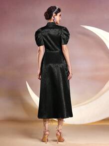 Modelyn Jacquard Stand Collar A-Line Casual Dress With Cinching Waist