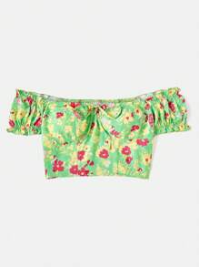 Soleia Women's Holiday Style Green Base Red & Yellow Floral Print Front Bow Decor Romantic Puff Sleeve Off Shoulder Blouse - Multicolor - View 5