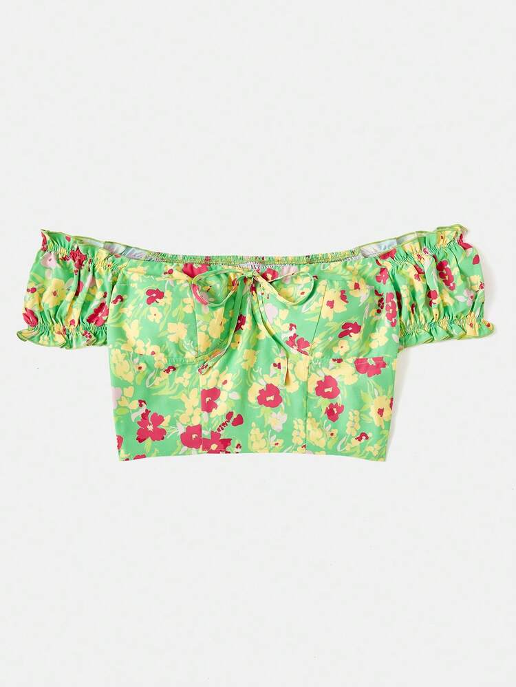 Women's Holiday Style Green Base Red & Yellow Floral Print Front Bow Decor Romantic Puff Sleeve Off Shoulder Blouse