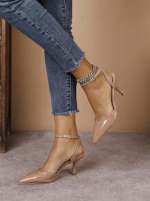 纯色优雅尖头细高跟女鞋，时尚露背高跟凉鞋