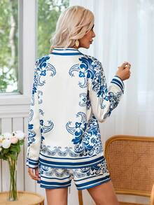 SHEIN VCAY Bộ áo sơ mi và quần short in họa tiết định vị dành cho nữ - Nhiều màu - Xem 2